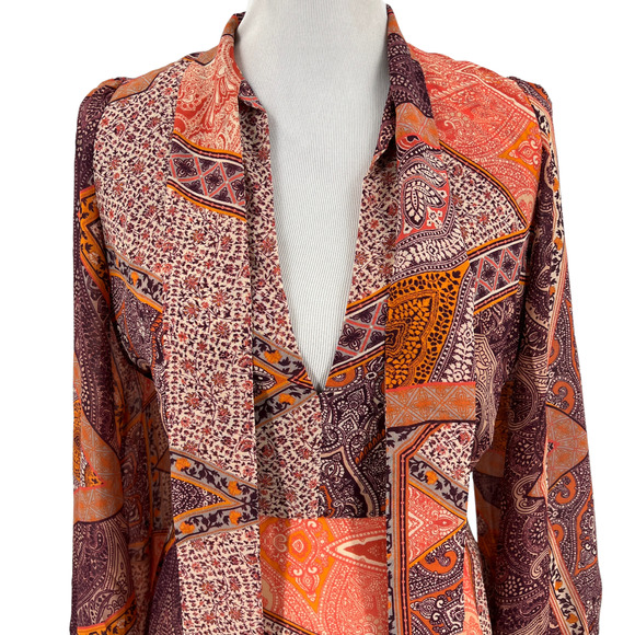 Divine Heritage Mini Dress Orchid Floral Paisley Print Tie Neck Size Small - Picture 7 of 16